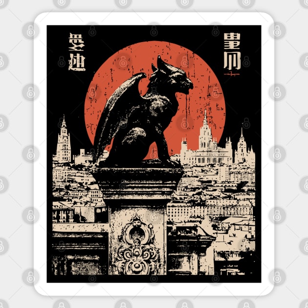 Gargoyle Guardian T-Shirt – Gothic Cityscape with Red Moon Sticker by TuncGK